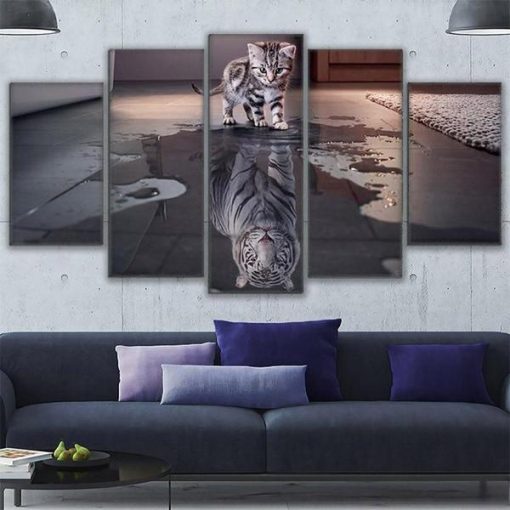 23014-NF Cat Kitty New Cuadros Tiger Reflection Animal - 5 Panel Canvas Art Wall Decor