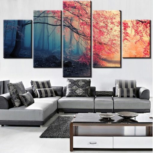 23538-NF Cherry Blossoms Red Tree Forest Nature - 5 Panel Canvas Art Wall Decor