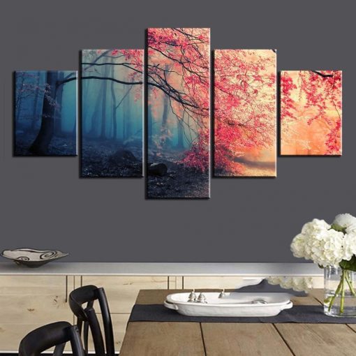 23538-NF Cherry Blossoms Red Tree Forest Nature - 5 Panel Canvas Art Wall Decor