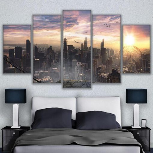 23535-NF Chicago Cityscape Sky View City Sunrise Nature - 5 Panel Canvas Art Wall Decor