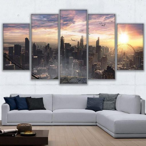 23535-NF Chicago Cityscape Sky View City Sunrise Nature - 5 Panel Canvas Art Wall Decor