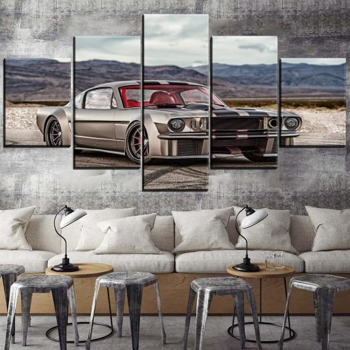 23547-NF Classic Silver Muscle Ford Mustang Car & Motor - 5 Panel Canvas Art Wall Decor