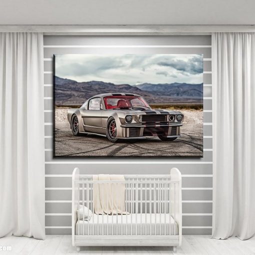 23547-NF Classic Silver Muscle Ford Mustang Car & Motor - 5 Panel Canvas Art Wall Decor