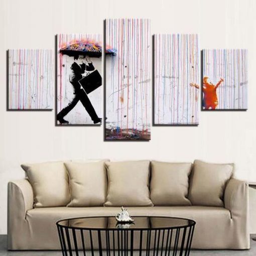 23015-NF Colorful Rain by Banksy Abstract - 5 Panel Canvas Art Wall Decor