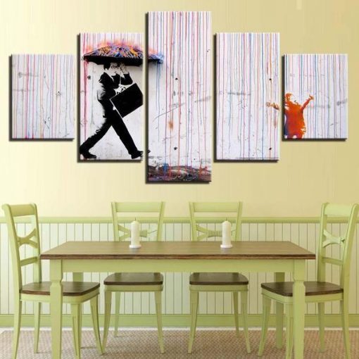 23015-NF Colorful Rain by Banksy Abstract - 5 Panel Canvas Art Wall Decor