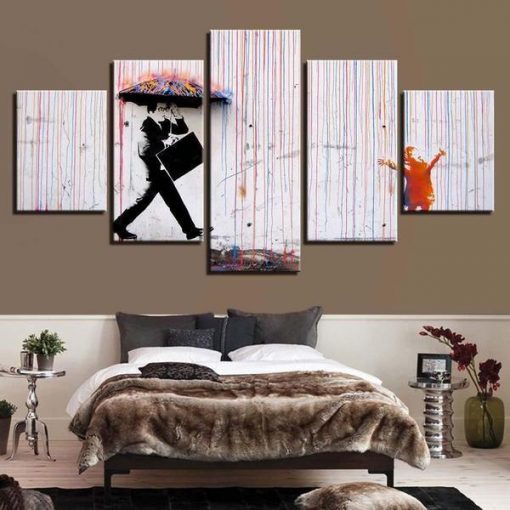 23015-NF Colorful Rain by Banksy Abstract - 5 Panel Canvas Art Wall Decor