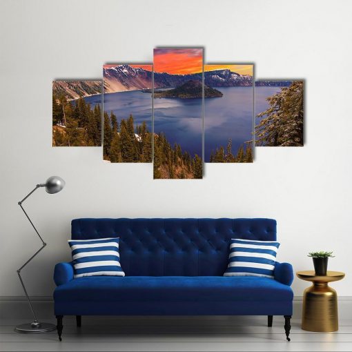 23527-NF Crater Lake At Sunset Nature - 5 Panel Canvas Art Wall Decor