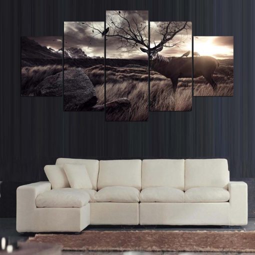 23004-NF Deer Buck Antler Tree Wildlife Animal - 5 Panel Canvas Art Wall Decor