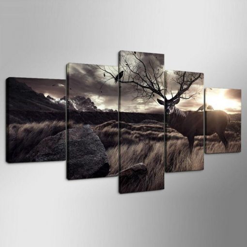 23004-NF Deer Buck Antler Tree Wildlife Animal - 5 Panel Canvas Art Wall Decor