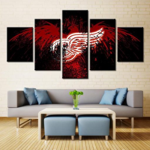 23516-NF Detroit Red Wings Black Logo Ice Hockey - 5 Panel Canvas Art Wall Decor