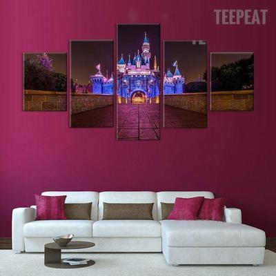 23512-NF Disney Castle At Night Time Cartoon - 5 Panel Canvas Art Wall Decor