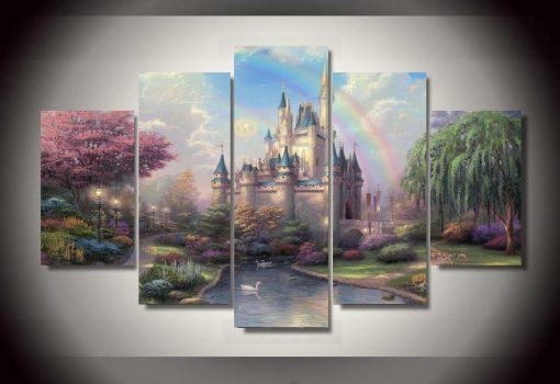 23009-NF Disney Princess Fairy Castle Abtract - 5 Panel Canvas Art Wall Decor