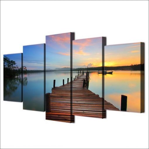 23502-NF Dock Lake, Water At Sunset Nature - 5 Panel Canvas Art Wall Decor