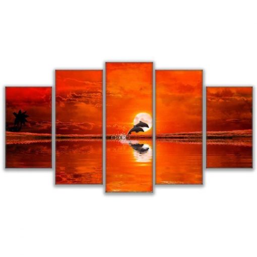 23500-NF Dolphin Sun Flaming Sunset Leaping Porpoises Animal - 5 Panel Canvas Art Wall Decor