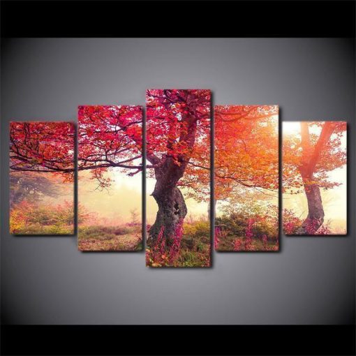 23482-NF Fall Season Autumn Trees Tree Sunrise Forest Modern Nature - 5 Panel Canvas Art Wall Decor