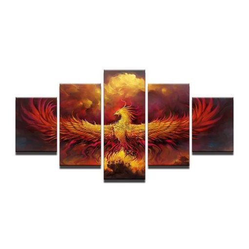 22992-NF Fire Phoenix Abstract Animal - 5 Panel Canvas Art Wall Decor