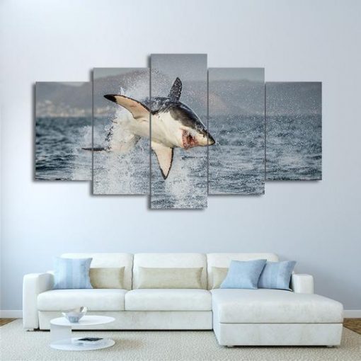 23456-NF Great White Shark Jumping Breach Air Jaws Ocean - 5 Panel Canvas Art Wall Decor