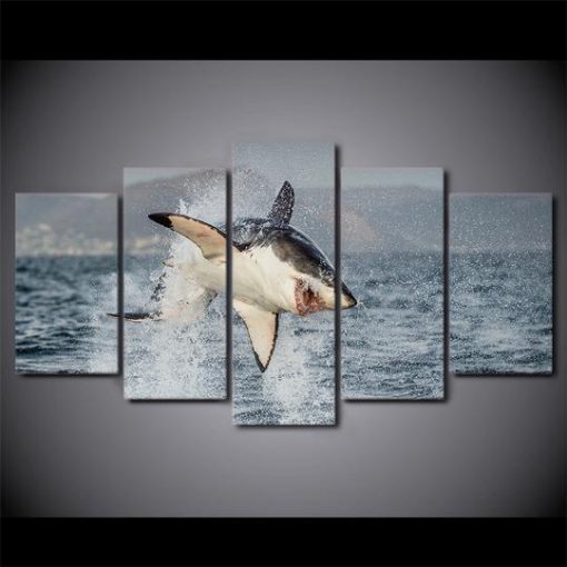 23456-NF Great White Shark Jumping Breach Air Jaws Ocean - 5 Panel Canvas Art Wall Decor