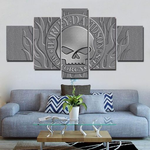 22275-NF Harley-Davidson Motorcycle Willie G Skull Logo With Harley-Davidson Car & Motor - 5 Panel Canvas Art Wall Decor