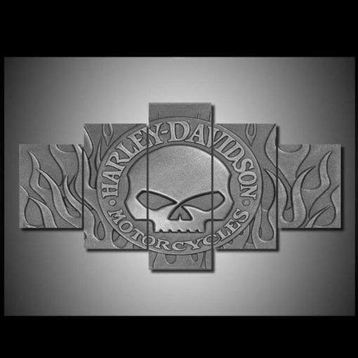 22275-NF Harley-Davidson Motorcycle Willie G Skull Logo With Harley-Davidson Car & Motor - 5 Panel Canvas Art Wall Decor