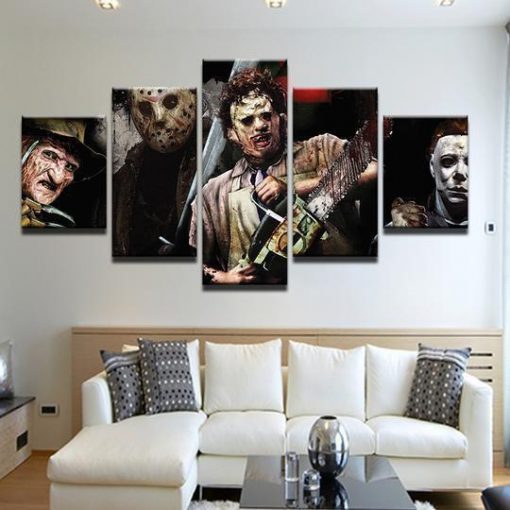 22302-NF Horror Movie Characters Freddie Jason Michael Myers Movie - 5 Panel Canvas Art Wall Decor