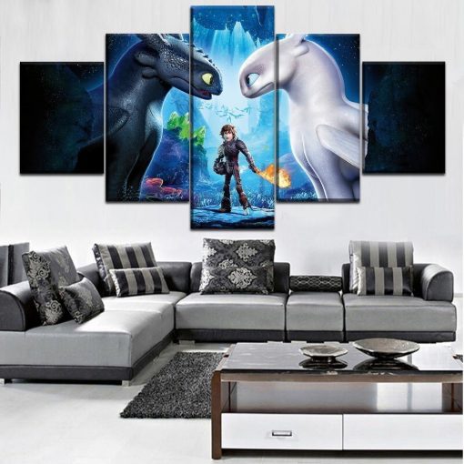 23435-NF How To Train Your Dragon Black Dragon And White Dragon Movie - 5 Panel Canvas Art Wall Decor