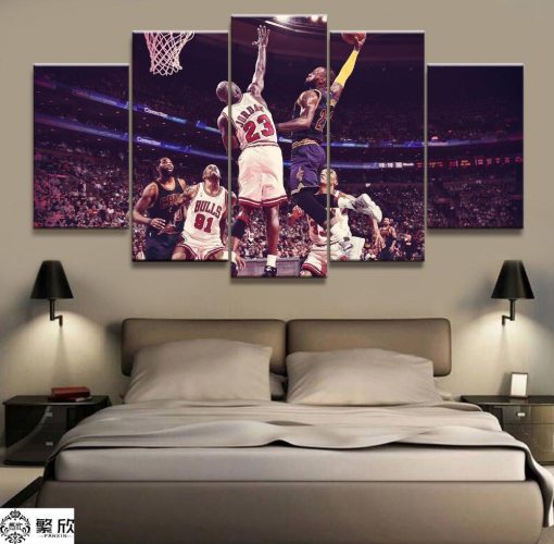 22732-NF James VS Jordan Basketball Star Celebrity - 5 Panel Canvas Art Wall Decor