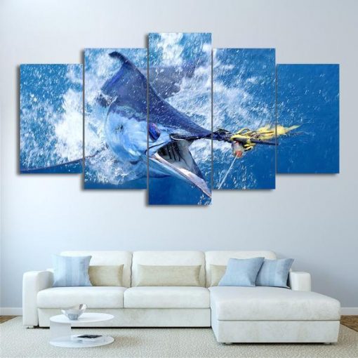 23426-NF Jumping Marlin Blue Ocean Ocean - 5 Panel Canvas Art Wall Decor