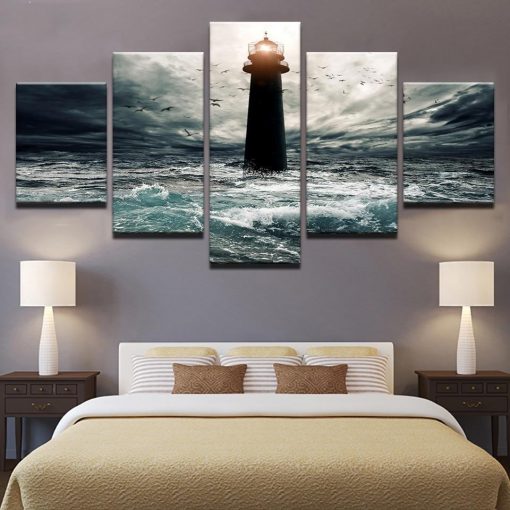 23414-NF Lighthouse On The Sea Nature - 5 Panel Canvas Art Wall Decor