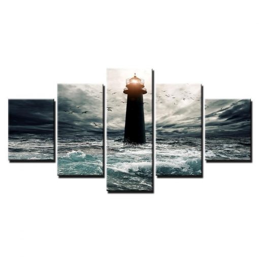 23414-NF Lighthouse On The Sea Nature - 5 Panel Canvas Art Wall Decor