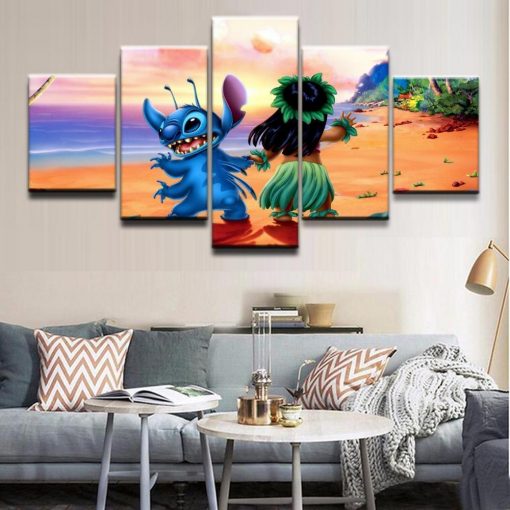 22963-NF Lilo & Stitch On The Beach Movie - 5 Panel Canvas Art Wall Decor