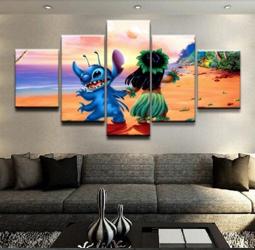 22963-NF Lilo & Stitch On The Beach Movie - 5 Panel Canvas Art Wall Decor