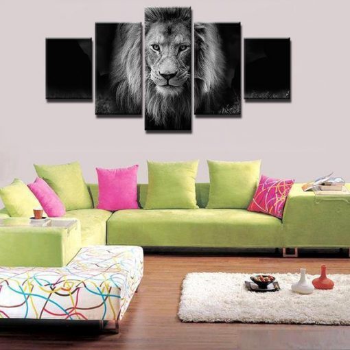 23408-NF Lion Black And White Modern Animal - 5 Panel Canvas Art Wall Decor