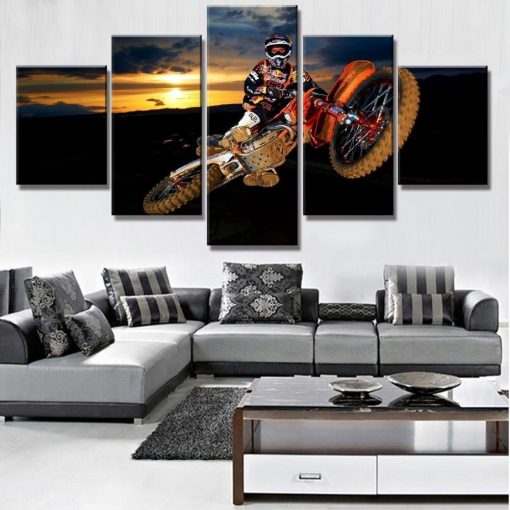 22557-NF Motocross Car In The Sunset Sport - 5 Panel Canvas Art Wall Decor