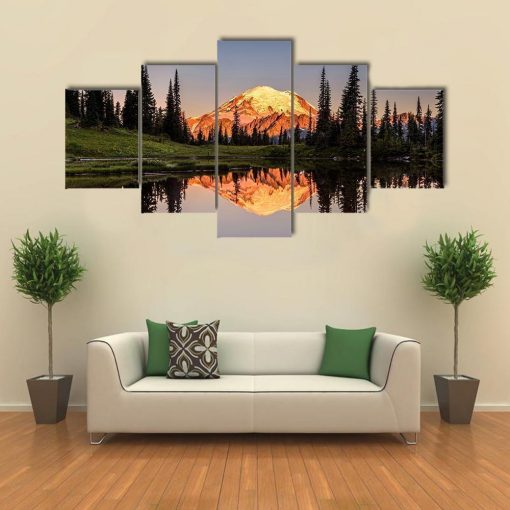 22558-NF Mount Rainier Reflection From Tipsoo Lake At Sunrise Nature - 5 Panel Canvas Art Wall Decor