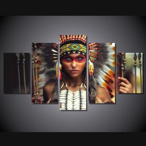 23373-NF Native American Female Warrior Army - 5 Panel Canvas Art Wall Decor