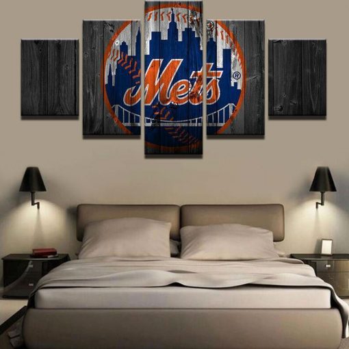 22409-NF New York Mets Logo On Wood Baseball - 5 Panel Canvas Art Wall Decor