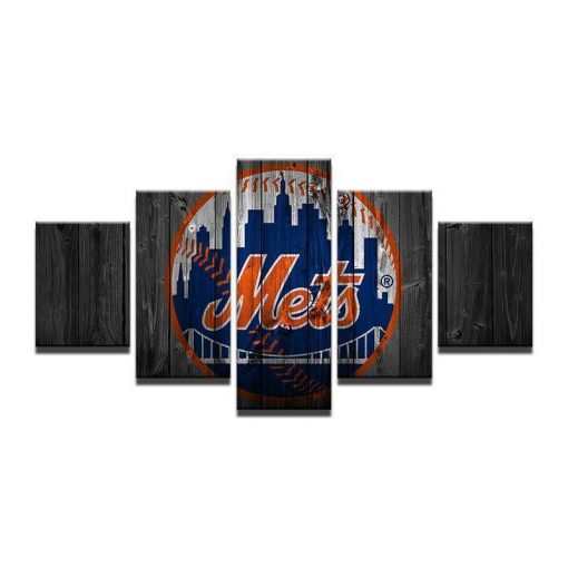 22409-NF New York Mets Logo On Wood Baseball - 5 Panel Canvas Art Wall Decor