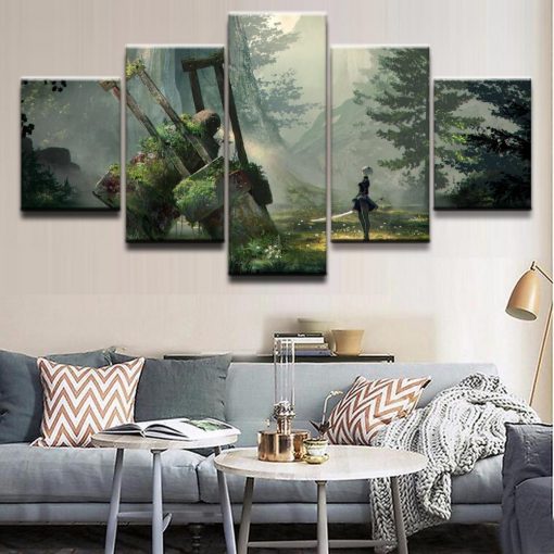 22491-NF NieR Automata YoRHa 2B In The Forest Gaming - 5 Panel Canvas Art Wall Decor