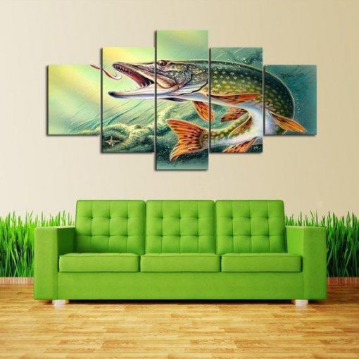 22944-NF Northern Pike Fishing - 5 Panel Canvas Art Wall Decor