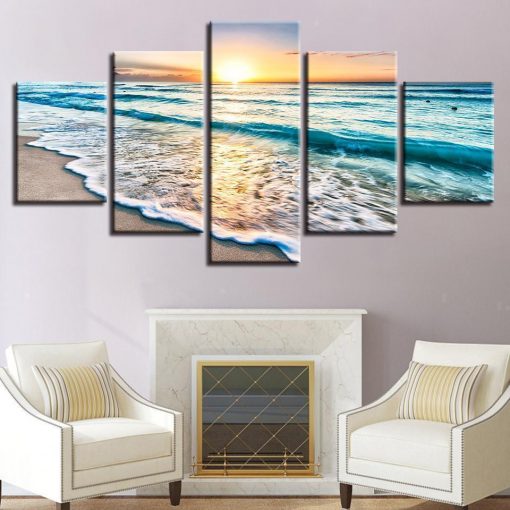 23362-NF Ocean Waves In Sunset Nature - 5 Panel Canvas Art Wall Decor