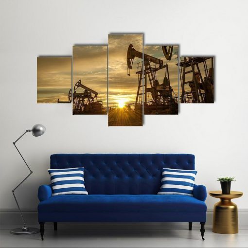 22941-NF Oil Pump Jacks At Sunset Sky Nature - 5 Panel Canvas Art Wall Decor