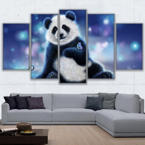23357-NF Panda And Butterfly Animal - 5 Panel Canvas Art Wall Decor