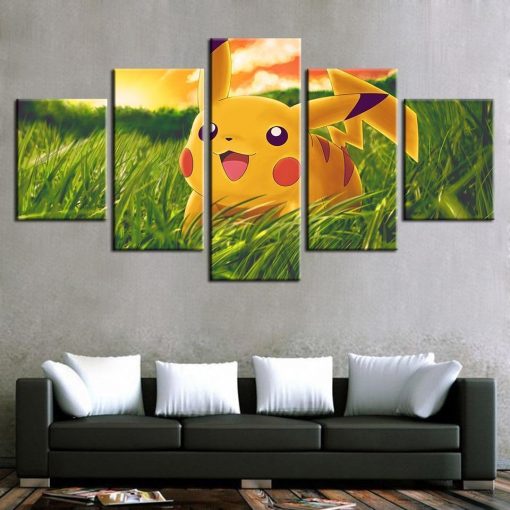 23344-NF Pokemon Pikachu On Green Grass Anime - 5 Panel Canvas Art Wall Decor