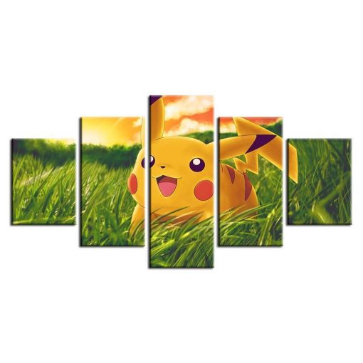 23344-NF Pokemon Pikachu On Green Grass Anime - 5 Panel Canvas Art Wall Decor
