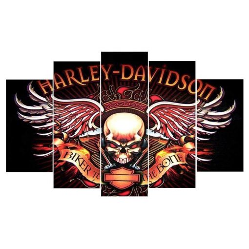 23131-NF Harley Davidson Skull Car & Motor - 5 Panel Canvas Art Wall Decor