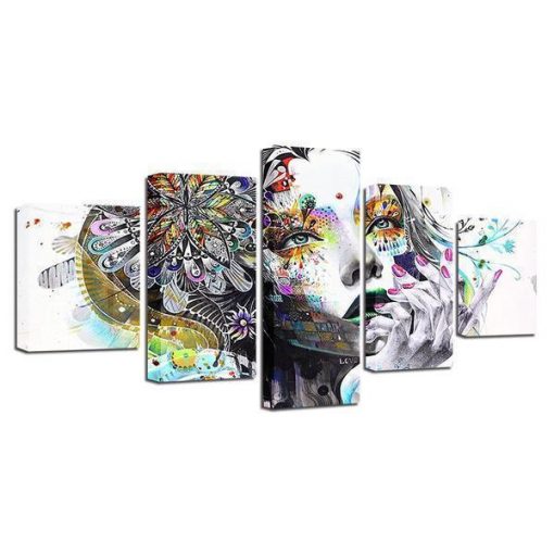 23343-NF Psychedelic Girl With Flower Abstract - 5 Panel Canvas Art Wall Decor