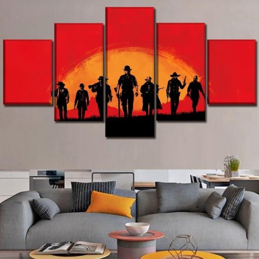 22490-NF Red Dead Redemption 2 Squad In The Sunset Gaming - 5 Panel Canvas Art Wall Decor