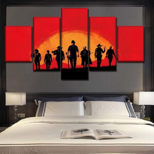 22490-NF Red Dead Redemption 2 Squad In The Sunset Gaming - 5 Panel Canvas Art Wall Decor