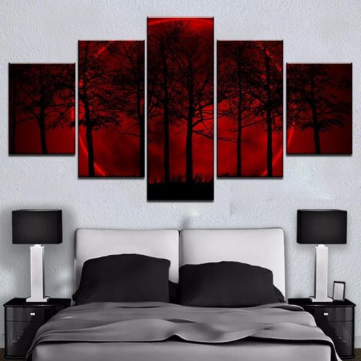 23337-NF Red Moon Tree Forest Nature - 5 Panel Canvas Art Wall Decor